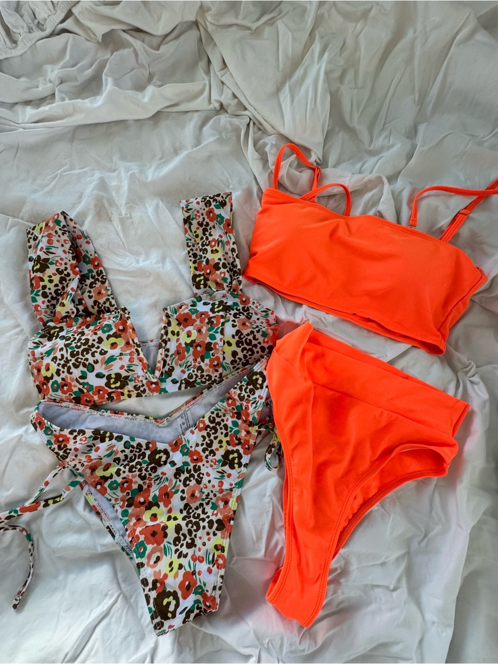 SHEIN Neon Orange Two-Piece Bikini Set with Floral Leopard Print Top
